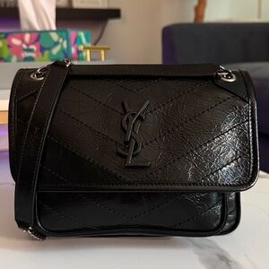 SAINT LAURENT CRINKLED CALFSKIN BABY NIKI CHAIN SATCHEL